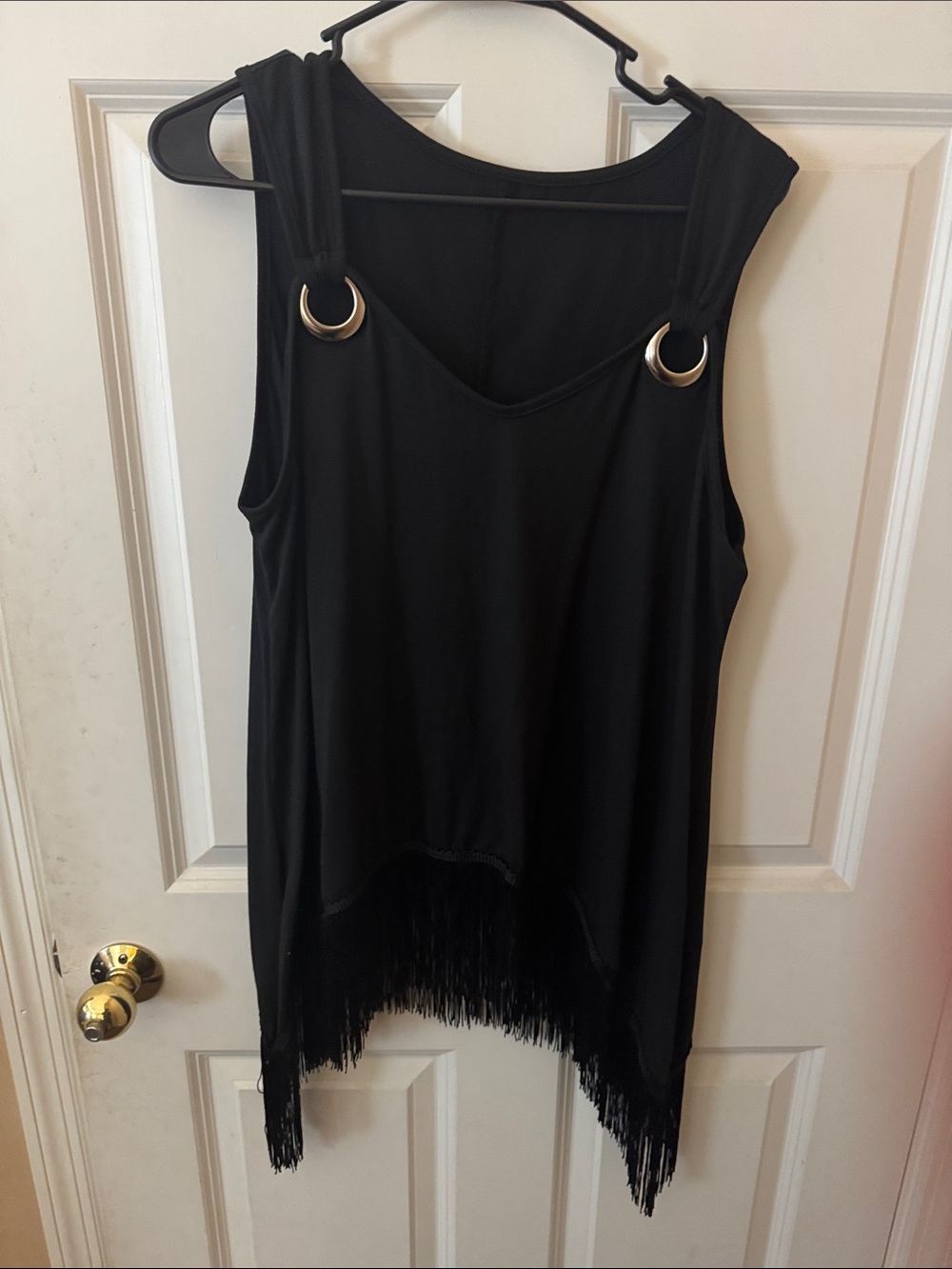 Black Fringe Tank Top with Ring Detail - Women